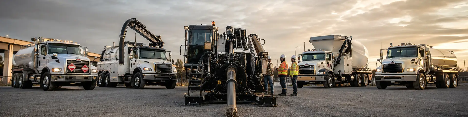 Operated equipment rental fleet: HDD rig with hydrovac, hazmat, U-Fill and bulk water trucks staged on site