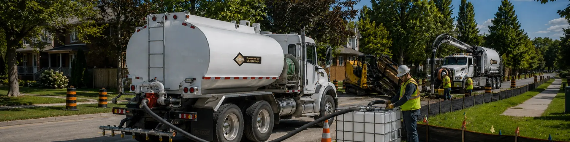 SER Sabi Group crew coordinating containment, vac truck support and HDD equipment at a roadside utility work zone.
