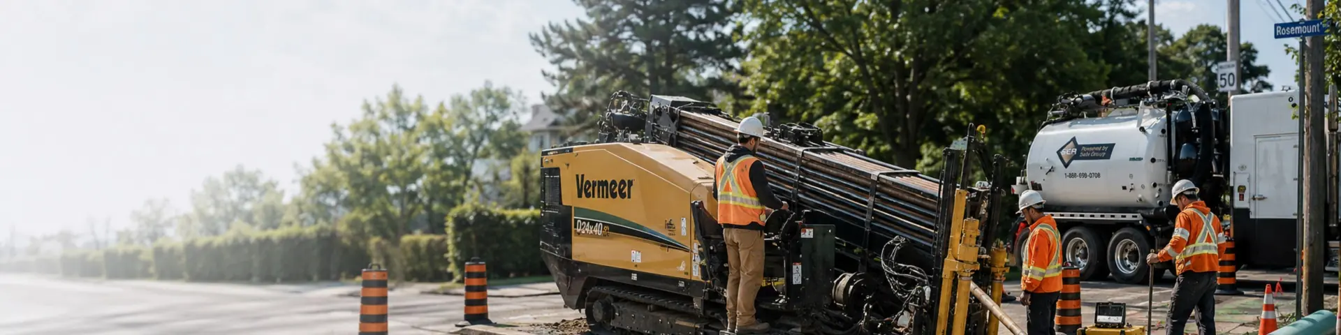 Horizontal directional drilling crew operating a Vermeer rig beside a GTA roadway