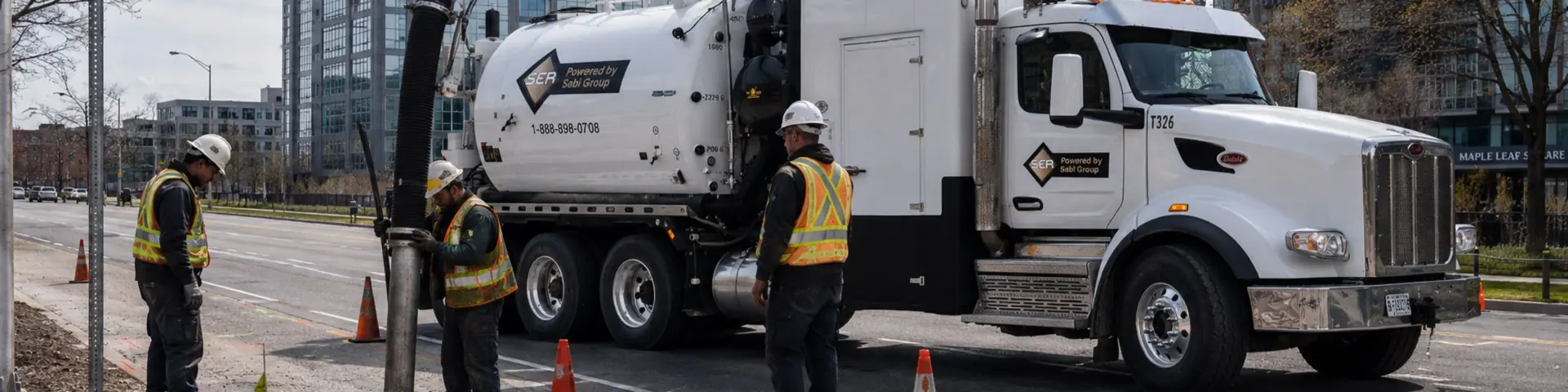SER Sabi Group branded Hydrovac truck performing non destructive excavation for utility daylighting in the GTA