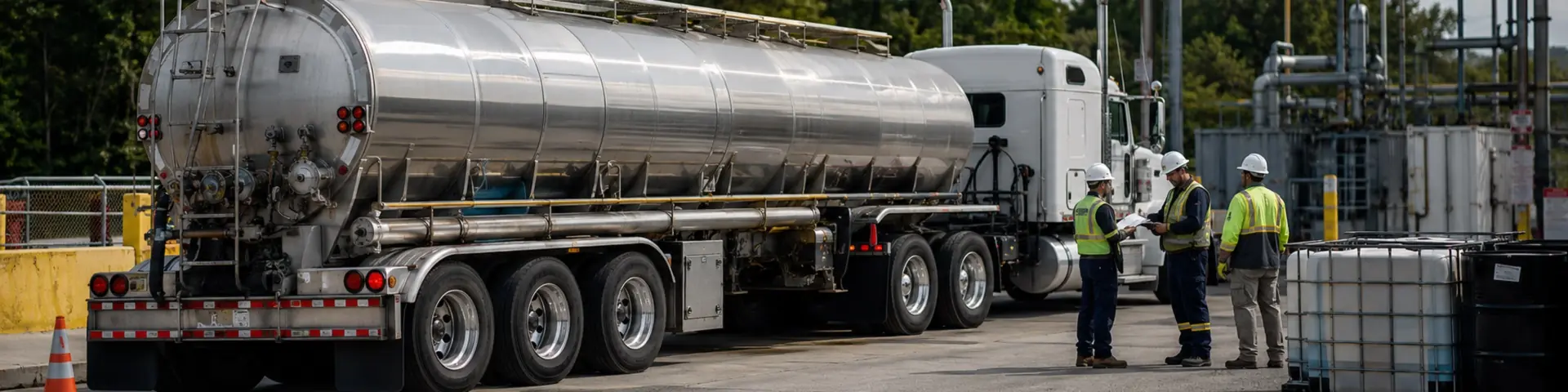 Tanker truck and safety crew reviewing documents at an industrial hazardous material transport site.