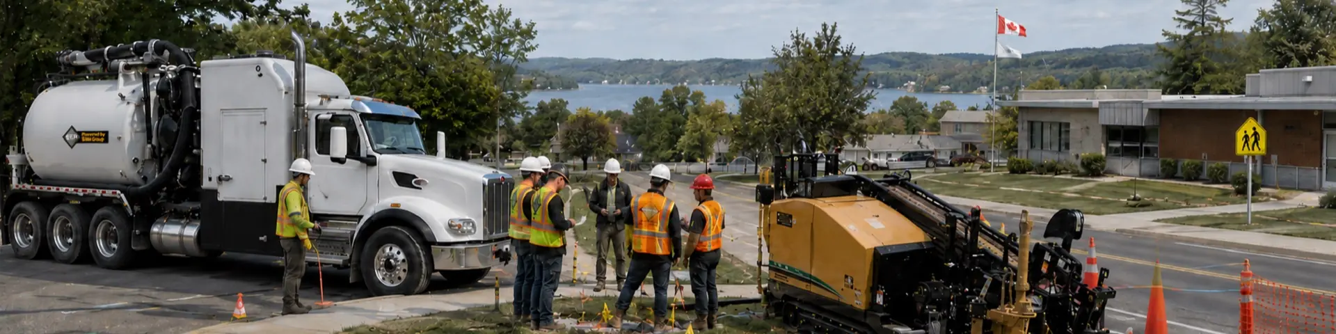 Construction crew wearing hard hats and high-visibility gear gathered near a vac truck and HDD equipment at a roadside utility job site.