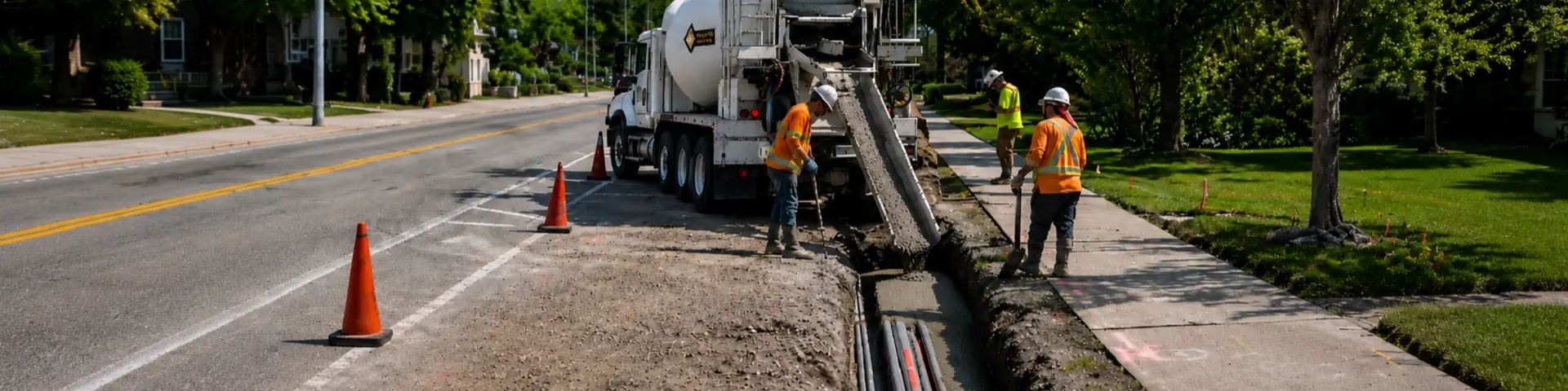 Ready-mix truck placing flowable fill into a utility trench while roadwork crew members manage the site.